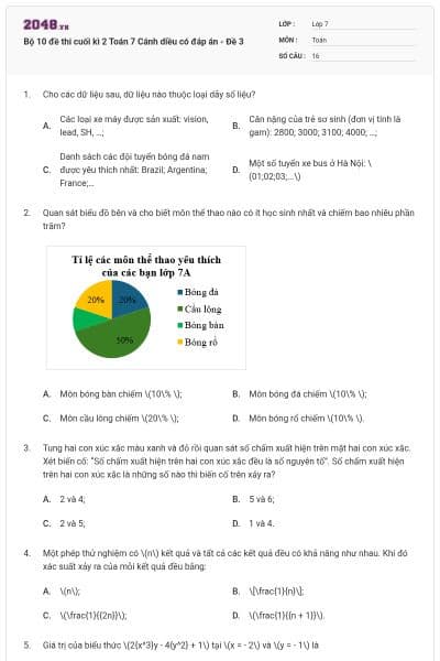 Bộ 10 đề thi cuối kì 2 Toán 7 Cánh diều có đáp án - Đề 3