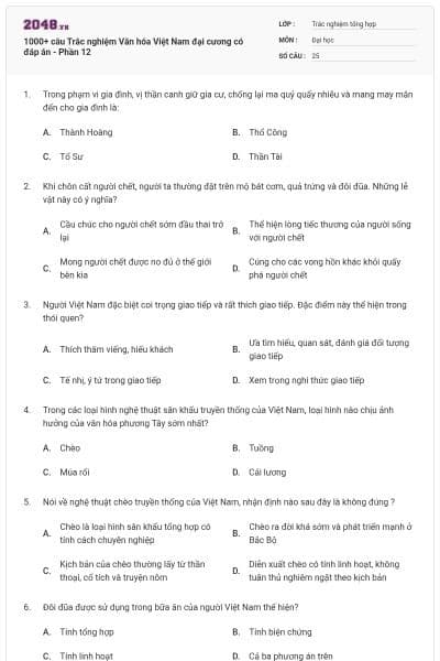1000+ câu Trắc nghiệm Văn hóa Việt Nam đại cương có đáp án - Phần 12