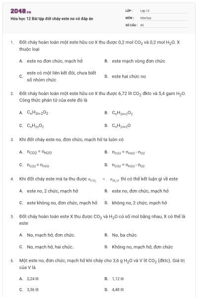 Hóa học 12 Bài tập đốt cháy este no có đáp án
