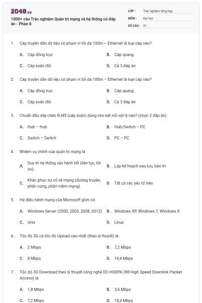 1000+ câu Trắc nghiệm Quản trị mạng và hệ thống có đáp án - Phần 6