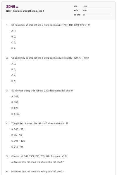 Bài 7. Dấu hiệu chia hết cho 2, cho 5