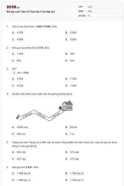 Bài tập cuối Tuần 25 Toán lớp 3 (có đáp án)