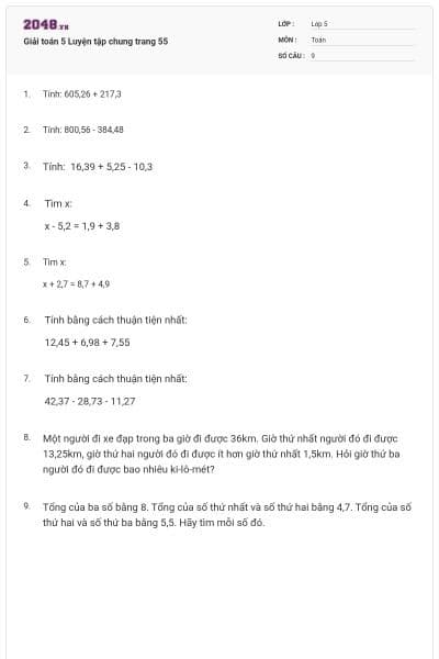 Giải toán 5 Luyện tập chung trang 55