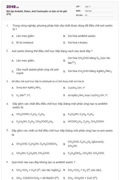 Bài tập Andehit, Xeton, Axit Cacboxylic cơ bản có lời giải (P3)