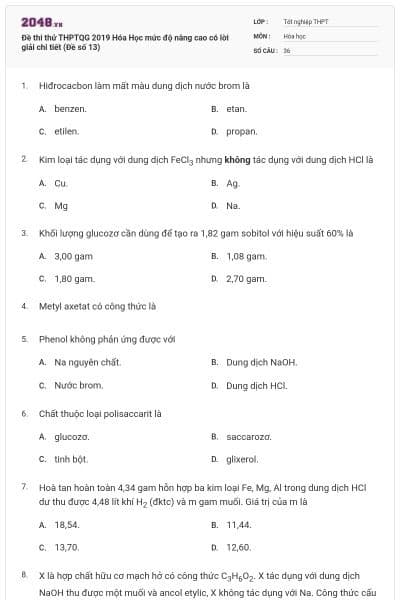 Đề thi thử THPTQG 2019 Hóa Học mức độ nâng cao có lời giải chi tiết (Đề số 13)