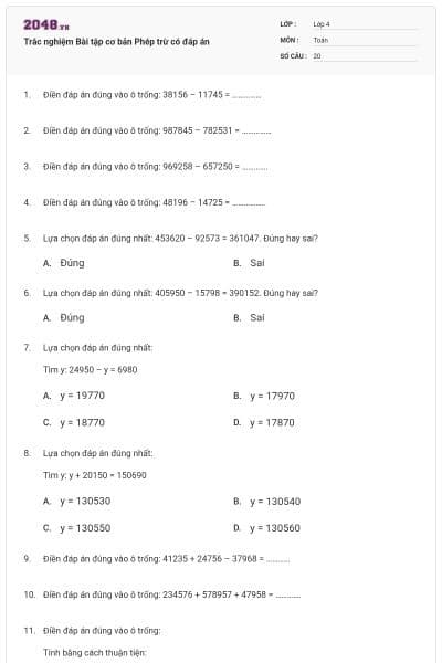 Trắc nghiệm Bài tập cơ bản Phép trừ có đáp án