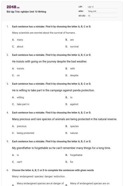 Bài tập Trắc nghiệm Unit 10 Writing