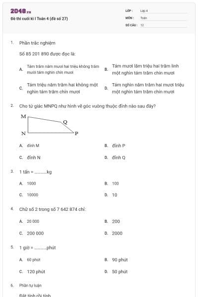 Đề thi cuối kì I Toán 4 (đề số 27)