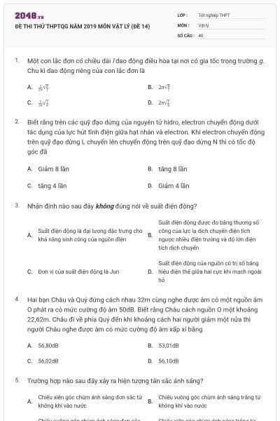 ĐỀ THI THỬ THPTQG NĂM 2019 MÔN VẬT LÝ (ĐỀ 14)