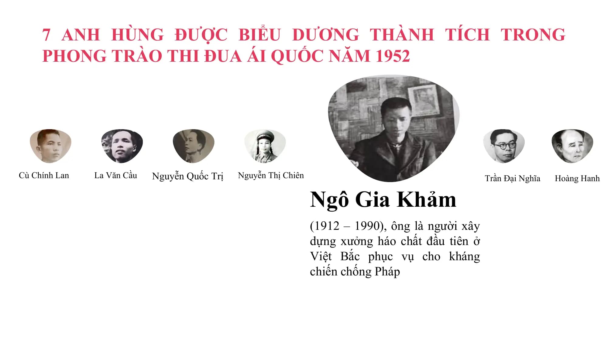 7 ANH HÙNG ĐƯỢC BIỂU DƯƠNG THÀNH TÍCH TRONG
 PHONG TRÀO THI ĐUA ÁI QUỐC NĂM 1952

Cù Chính Lan La Văn Cầu Nguyễn Quốc Trị Nguyễn Thị Chiên Trần Đại Nghĩa Hoàng Hanh

 Ngô Gia Khảm
 (1912 – 1990), ông là người xây
 dựng xưởng háo chất đầu tiên ở
 Việt Bắc phục vụ cho kháng
 chiến chống Pháp