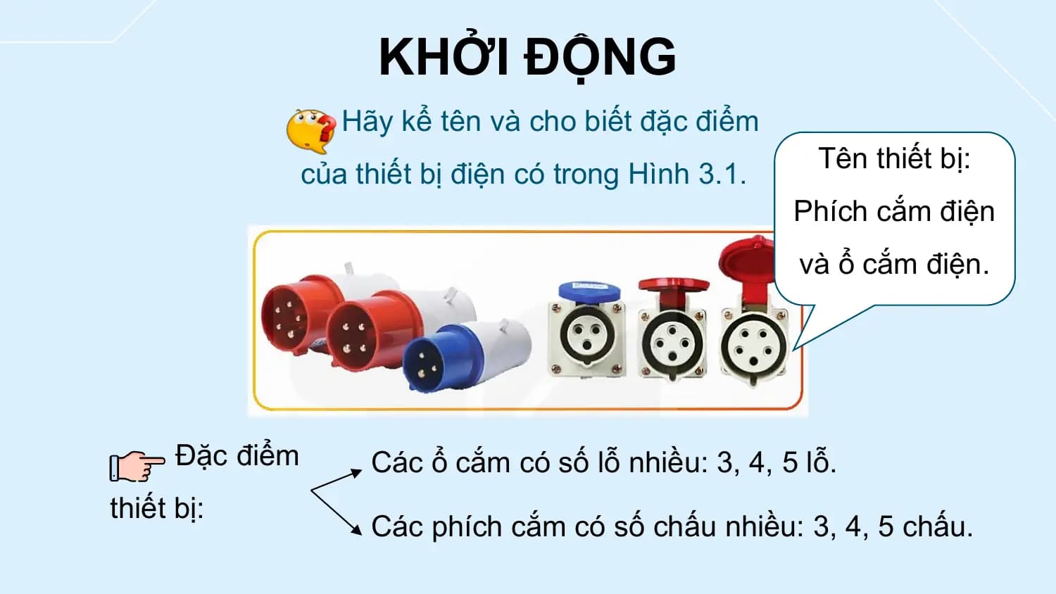 KHỞI ĐỘNG
 Hãy kể tên và cho biết đặc điểm
 Tên thiết bị:
 của thiết bị điện có trong Hình 3.1.
 Phích cắm điện
 và ổ cắm điện.

 Đặc điểm Các ổ cắm có số lỗ nhiều: 3, 4, 5 lỗ.
thiết bị:
 Các phích cắm có số chấu nhiều: 3, 4, 5 chấu.