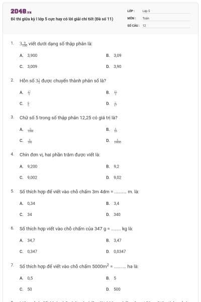 Đề thi giữa kỳ I lớp 5 cực hay có lời giải chi tiết (Đề số 11)