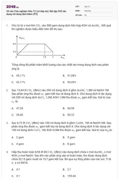 54 câu Trắc nghiệm Hóa 12 (có đáp án): Bài tập CO2 tác dụng với dung dịch kiềm (P2)