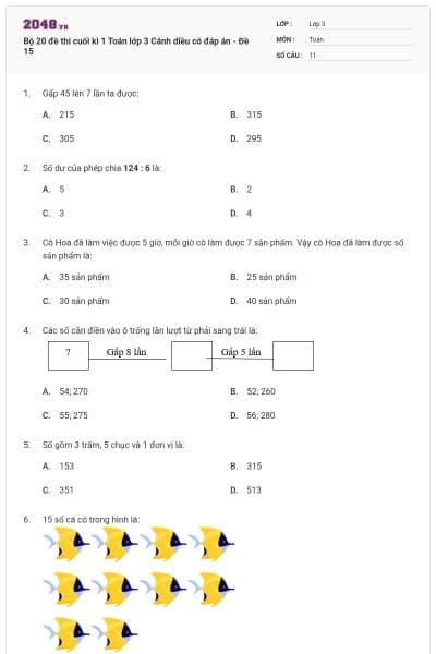 Bộ 20 đề thi cuối kì 1 Toán lớp 3 Cánh diều có đáp án - Đề 15
