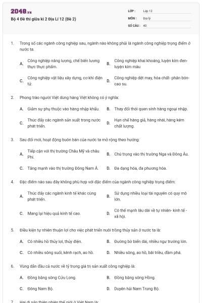 Bộ 4   Đề thi giữa kì 2 Địa Lí 12 (Đề 2)