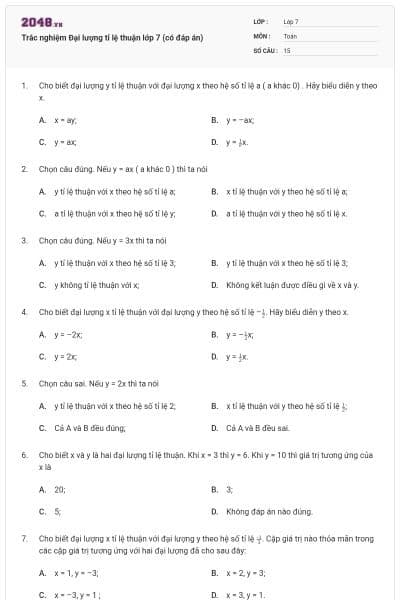 Trắc nghiệm Đại lượng tỉ lệ thuận lớp 7 (có đáp án)