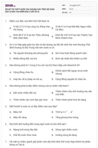 BỘ ĐỀ THI THPT QUỐC GIA CHUẨN CẤU TRÚC BỘ GIÁO DỤC & ĐÀO TẠO MÔN ĐỊA LÍ (ĐỀ SỐ 3)