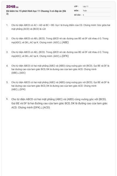 Đề kiểm tra 15 phút Hình học 11 Chương 3 có đáp án (Đề 3)