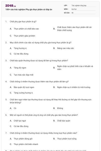 100+ câu trắc nghiệm Phụ gia thực phẩm có đáp án