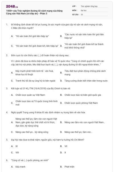 1000+ câu Trắc nghiệm Đường lối cách mạng của Đảng Cộng sản Việt Nam (có đáp án) - Phần 3