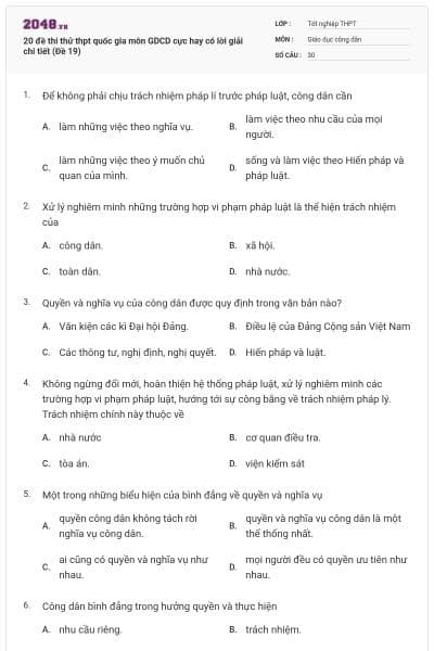 20 đề thi thử thpt quốc gia môn GDCD cực hay có lời giải chi tiết (Đề 19)