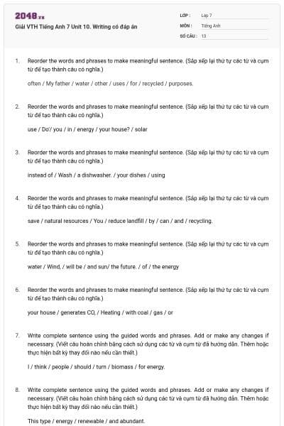 Giải VTH Tiếng Anh 7 Unit 10. Writing có đáp án