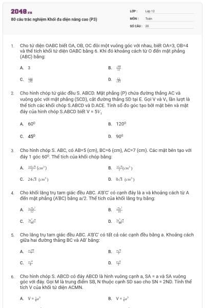 80 câu trắc nghiệm Khối đa diện nâng cao (P3)