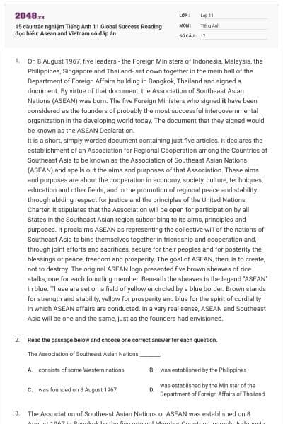 15 câu trắc nghiệm Tiếng Anh 11 Global Success Reading đọc hiểu: Asean and Vietnam có đáp án