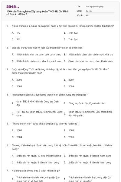 100+ câu Trắc nghiệm Xây dựng Đoàn TNCS Hồ Chí Minh có đáp án - Phần 2