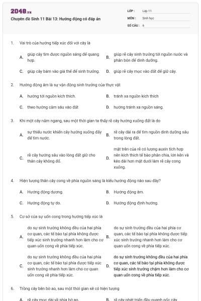Chuyên đề Sinh 11 Bài 13: Hướng động có đáp án