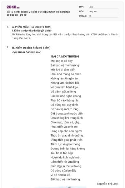 Bộ 10 đề thi cuối kì 2 Tiếng Việt lớp 2 Chân trời sáng tạo có đáp án - Đề 10