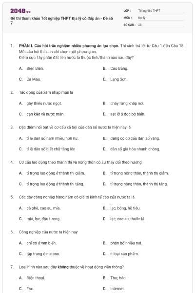 Đề thi tham khảo Tốt nghiệp THPT Địa lý có đáp án - Đề số 7
