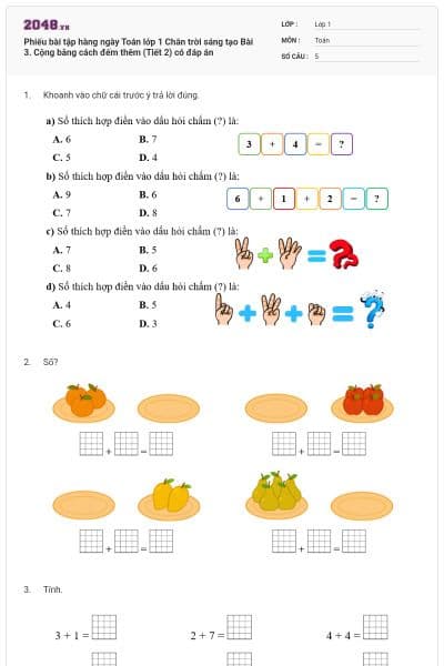 Phiếu bài tập hàng ngày Toán lớp 1 Chân trời sáng tạo Bài 3. Cộng bằng cách đếm thêm (Tiết 2) có đáp án