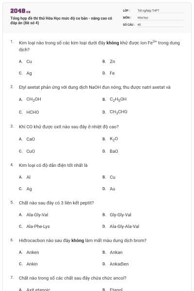 Tổng hợp đề thi thử Hóa Học mức độ cơ bản - nâng cao có đáp án (Đề số 4)