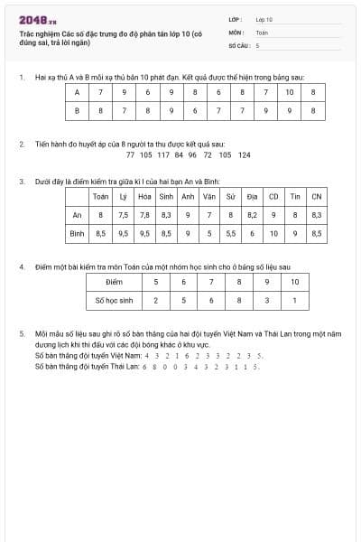 Trắc nghiệm Các số đặc trưng đo độ phân tán lớp 10 (có đúng sai, trả lời ngắn)