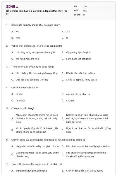 Đề kiểm tra giữa học kì 2 Vật lý 8 có đáp án (Mới nhất) (Đề 5)