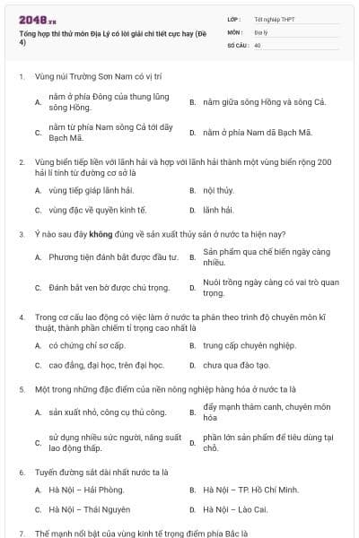 Tổng hợp thi thử môn Địa Lý có lời giải chi tiết cực hay (Đề 4)