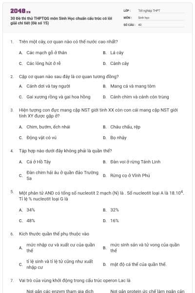 30 Đề thi thử THPTQG môn Sinh Học chuẩn cấu trúc có lời giải chi tiết (Đề số 15)