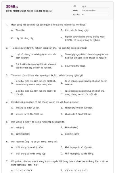 Đề thi KHTN 6 Giữa học kì 1 có đáp án (Đề 3)
