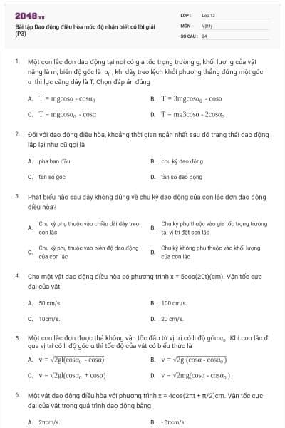 Bài tập Dao động điều hòa mức độ nhận biết có lời giải (P3)