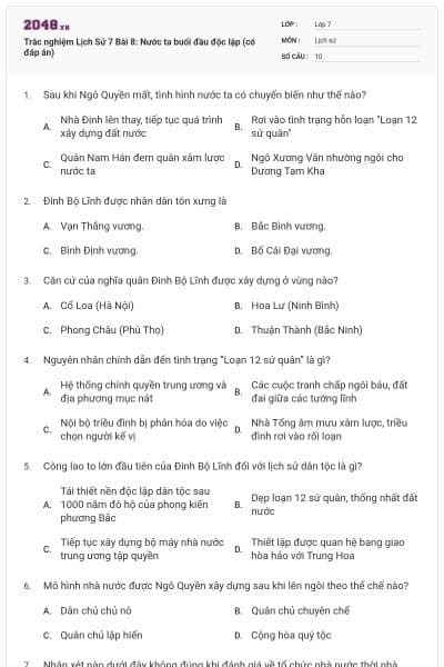 Trắc nghiệm Lịch Sử 7 Bài 8: Nước ta buổi đầu độc lập (có đáp án)