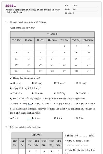 Phiếu bài tập hàng ngày Toán lớp 2 Cánh diều Bài 18. Ngày - tháng có đáp án