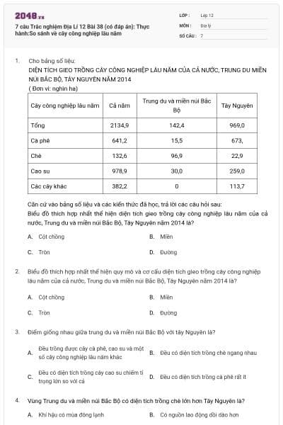 7 câu Trắc nghiệm Địa Lí 12 Bài 38 (có đáp án): Thực hành:So sánh về cây công nghiệp lâu năm
