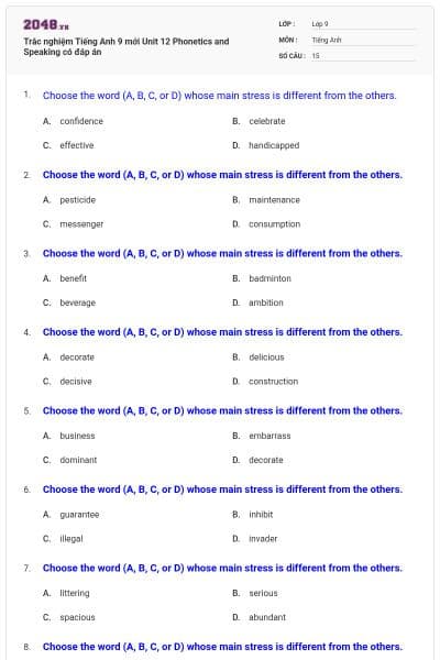 Trắc nghiệm Tiếng Anh 9 mới Unit 12 Phonetics and Speaking có đáp án