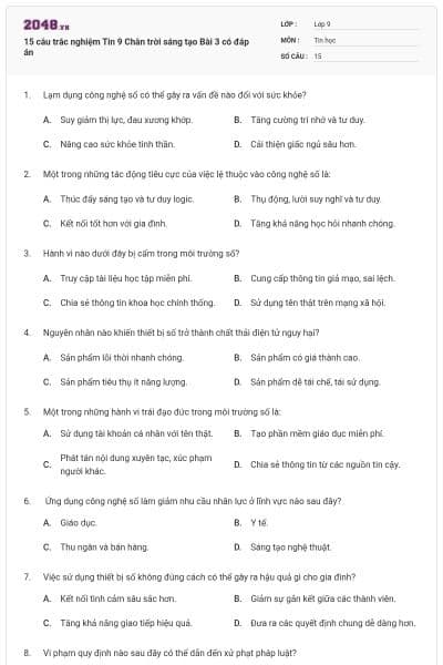 15 câu trắc nghiệm Tin 9 Chân trời sáng tạo Bài 3 có đáp án