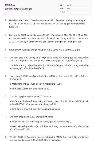 Bài 4: Hai mặt phẳng vuông góc