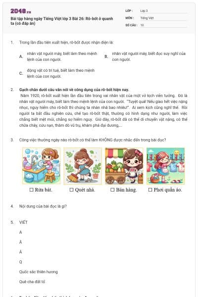 Bài tập hàng ngày Tiếng Việt lớp 3 Bài 26: Rô-bốt ở quanh ta (có đáp án)