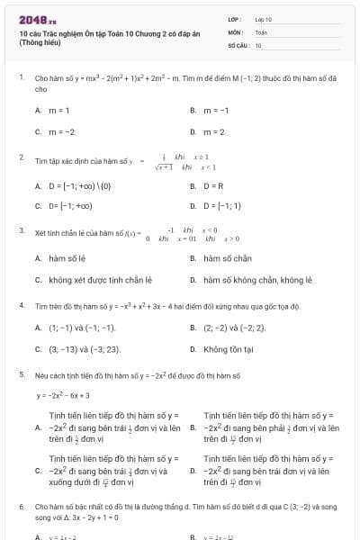 10 câu  Trắc nghiệm Ôn tập Toán 10 Chương 2 có đáp án (Thông hiểu)