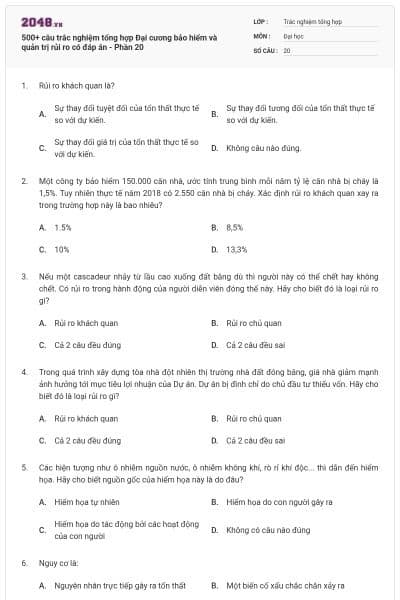 500+ câu trắc nghiệm tổng hợp Đại cương bảo hiểm và quản trị rủi ro có đáp án - Phần 20