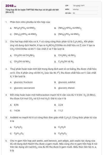 Tổng hợp đề ôn luyện THPTQG Hóa học có lời giải chi tiết (Đề số 9)